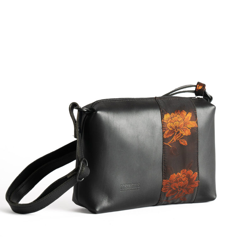 Borsa a tracolla in pelle con striscia in broccato ruggine