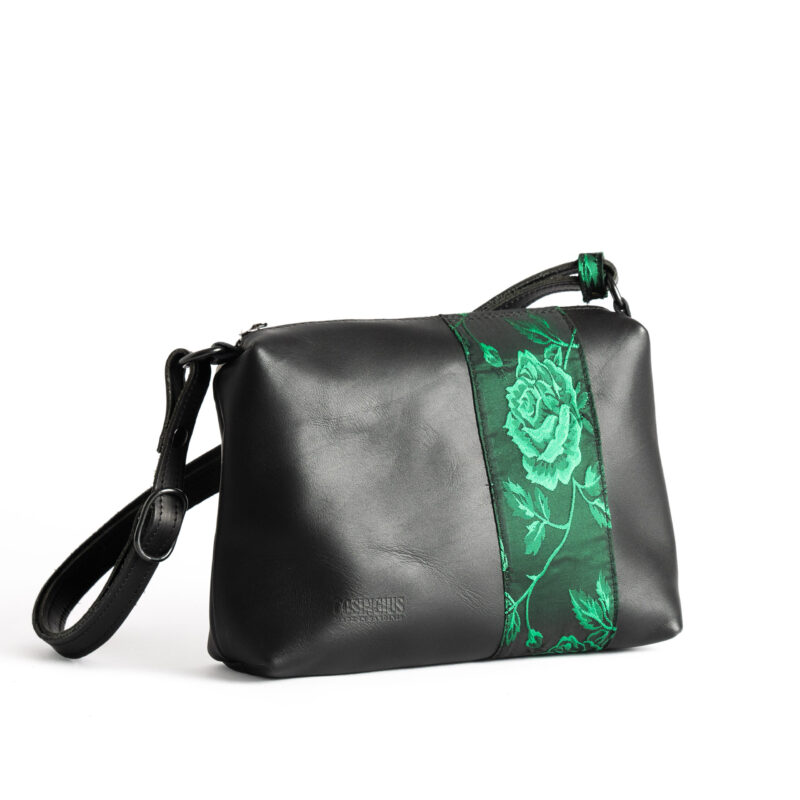 Borsa a tracolla in pelle con striscia in broccato verde
