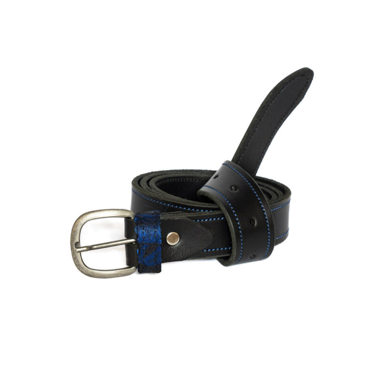 Cintura in pelle con inserti in broccato blu