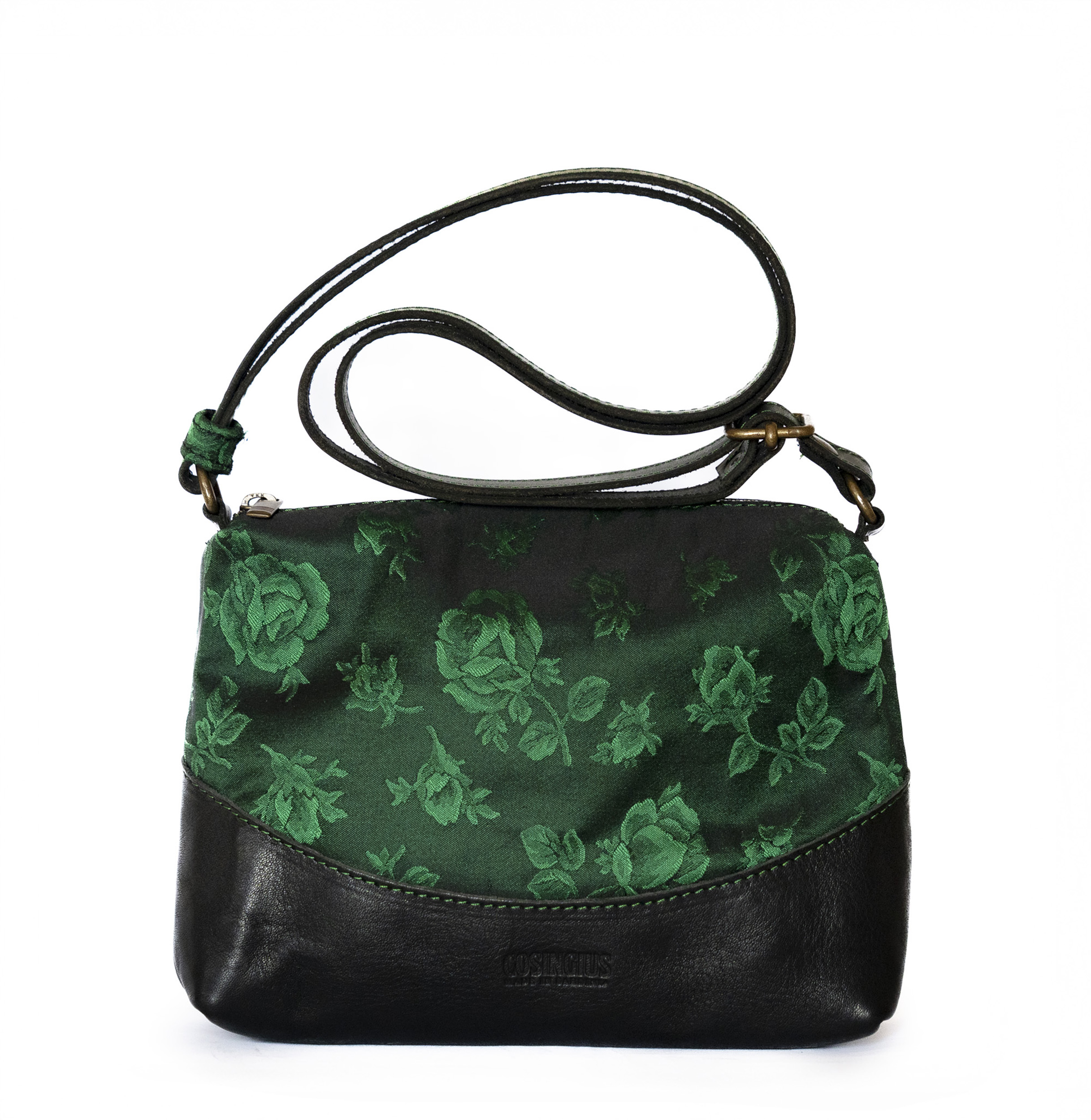 Borsa a tracolla in pelle con broccato verde
